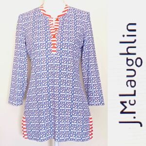 J McLaughlin Tunic Top Blue/ White Medallion Print Orange Trim Sz S